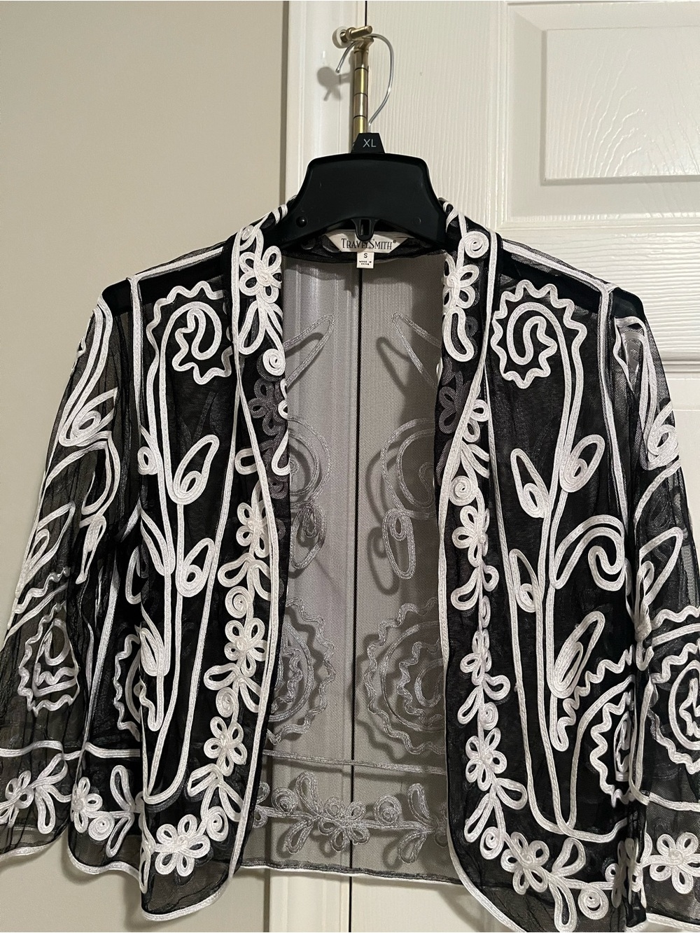 TravelSmith Black Sheer Jacket with White Embroidered Trim